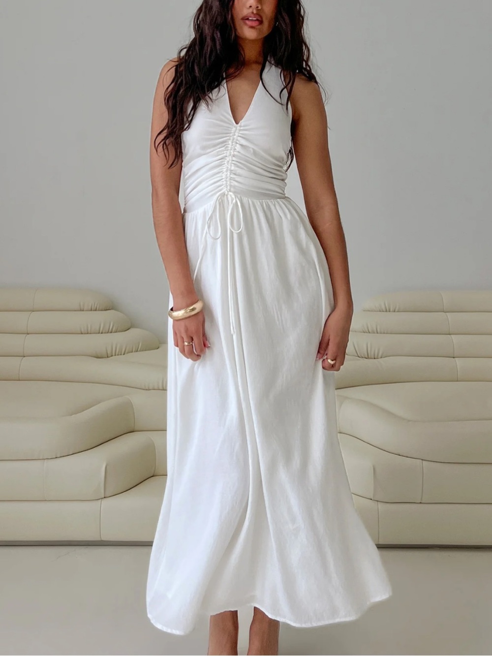 Princess Polly White Ruched V-Neck Drawstring Maxi Dress
